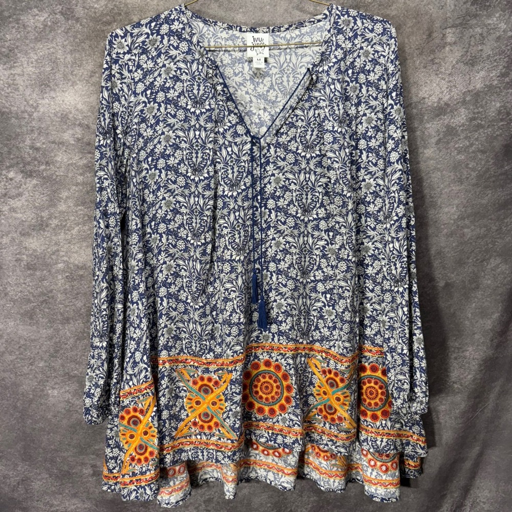 Ivy Jane Blue Floral Embroidered Peasant Top Size M Boho Oversized Tassel V-Neck
